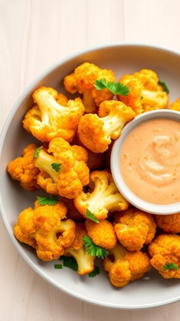 Crispy baked cauliflower nuggets served with dipping sauce on a plate.